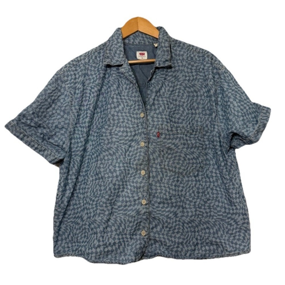 Levi's Women Aiden Short Sleeve Resort Shirt‎ Denim Chambray Body Patterned XL